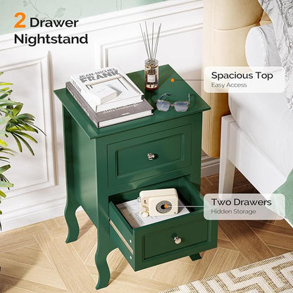 Bonnlo Green Nightstand with Drawers for Bedroom, Green Night Stand Bedside Table for Small Spaces, Kids Room, Living Room, Dorm, French, 15.75" W x 11.8" D x 23.6" H