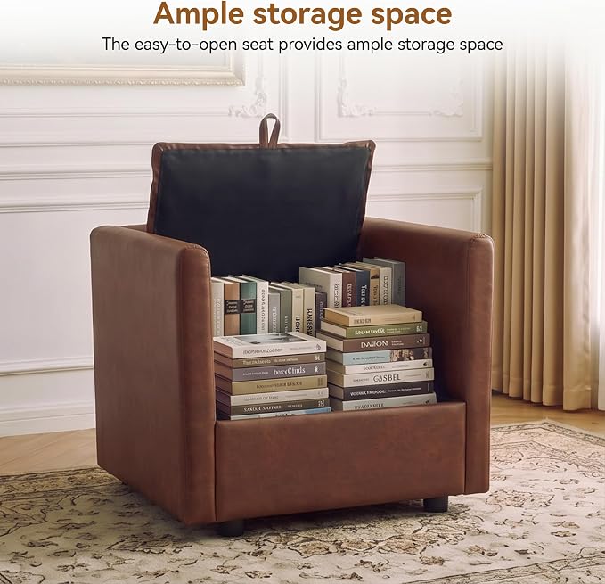 30" Brown Faux Leather Sofa Chair, Single Cloud Accent Chair with Storage | Modern Upholstered Deep Seat Sofa Chair, Comfort for Reading, Lounging, and Small spaces, Armchair for Living Room, Bedroom