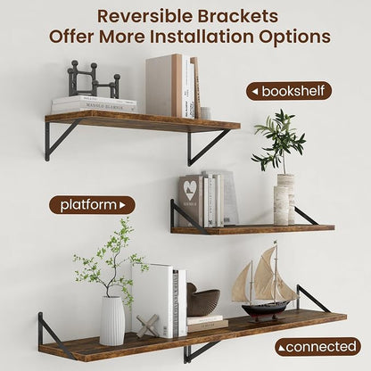 Axeman Deep Floating Shelves - 30 Inch Floating Shelves Set of 2-12 Inch Deep Brown Wood Wall Shelves for Living Room Bathroom Kitchen