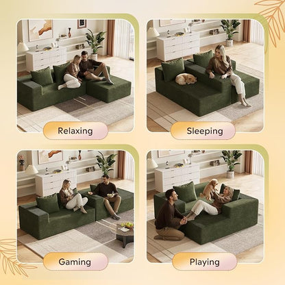 WLIVE 104'' Cloud Sectional Couches for Living Room, Modular Boneless Couch with Left Facing Chaise, L Shape Memory Foam Corduroy, with Cushion, Green