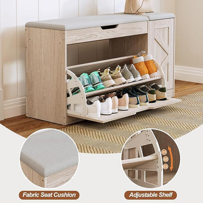 34" Storage Bench with Flip Drawers and Barn Doors, Adjustable Shelf, Flip-up Cabinet & Padded Cushion - Space-Saving Shoe Cabinet, Organizer for Entryway, Hallway, Bedroom