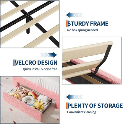 IDEALHOUSE Queen Bed Frame with LED Headboard and Under-Bed Drawer, Metal Upholstered Platform Bed with LED Light for Kids, Girls, Lamb Fleece Fabric, Wooden Slats Support, No Box Spring Needed, Pink