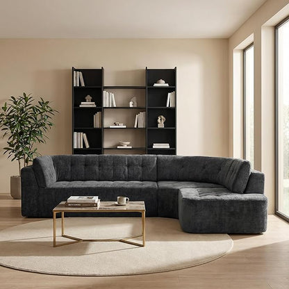 119'' Sectional Sofa, Curved L-Style Right-Hand Facing Couch with Fully Upholstered Arms, Tufted Design, Modern Minimalist Look, Grey