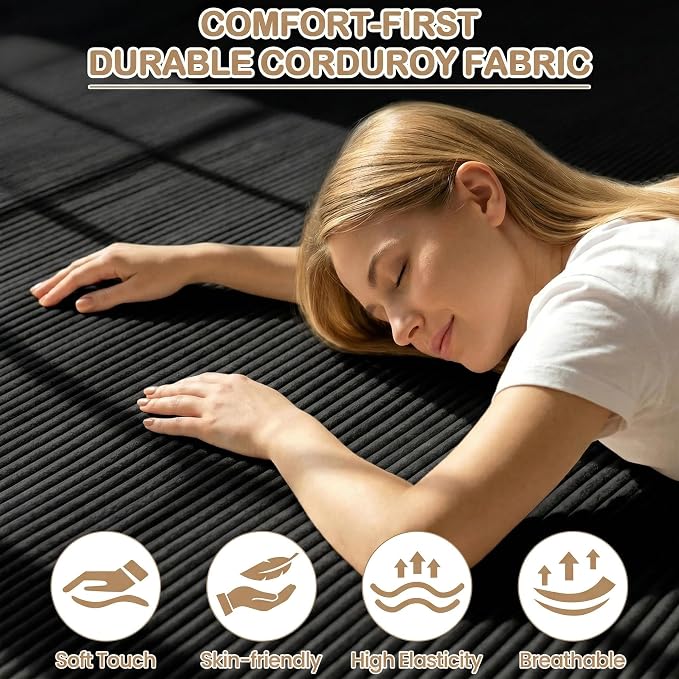 Boneless Loveseat Small Couch Bed, Futon Sleeper Sofa Bed,Convertible Pull Out Couch with 2 Pillows,Corduroy Folding Floor Couch for Living Room,No Assembly Required,Black