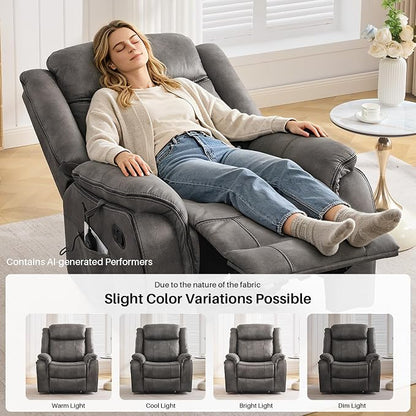Massage Recliner Chair with Heat, Faux Leather Recliner Chairs for Adults, 39" Wide Manual Reclining Ergonomic Lounge Chair, Overstuffed Wall Hugger Recliners for Living Room, Grey