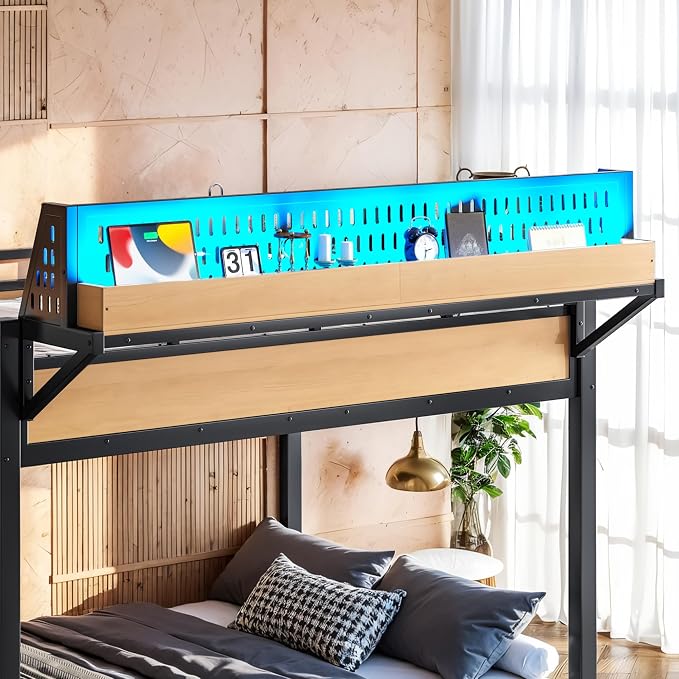 Bellemave Bunk Bed Full Over Full，Metal Bunk beds with Storage Shelves USB Ports and LED Lights, Natural