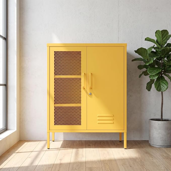 Locking Steel Storage Cabinet Shoe Cabinet for Living Room Bathroom Kitchen Left Wire Mesh Door Right Iron Door Yellow Size：33" H x 29.5" W x 13.8" D
