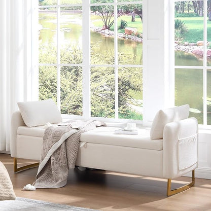 65" Storage Ottoman Bench, Storage Bench for Bedroom, End of Bed Storage Bench with Tufted Upholstered and Gold Legs, Bedroom Benches with Arms Window and Entryway, Chenille Cream