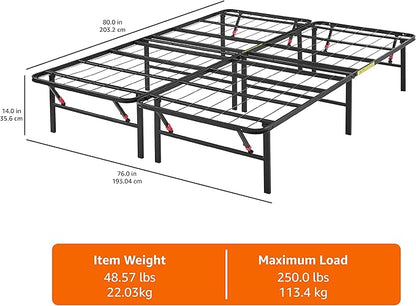 Basics Bed Frame with Storage, Foldable Metal Platform, Sturdy Steel, No Box Spring Needed, 14 inches High, Tool-Free Easy Assembly, Noise-Free, King Size, Black
