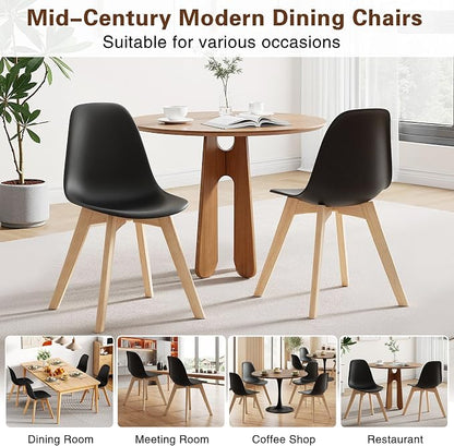VECELO Dining Chairs Set of 4, Mid-Century Modern Kitchen & Dining Room Chairs, Molded Plastic Seat & Back, Solid Wood Legs, Armless, Non-Slip Feet, Black