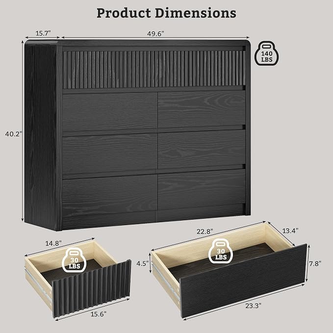 LYNSOM 9 Drawer Dresser for Bedroom, 50" Wide Fluted Dresser with Curved Corners, Wood Dressers & Chests of Drawers with Dual-Panel Design for Bedroom, Entryway, Black