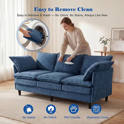 3 Seater Couch Sofa, 69" Small Couch Modern Cozy Comfy Cloud Chenille Sofa 23" Deep 1 Box & 2 Pillows & Washable Cover Couches for Living Room Bedroom Apartment Office 69-Blue