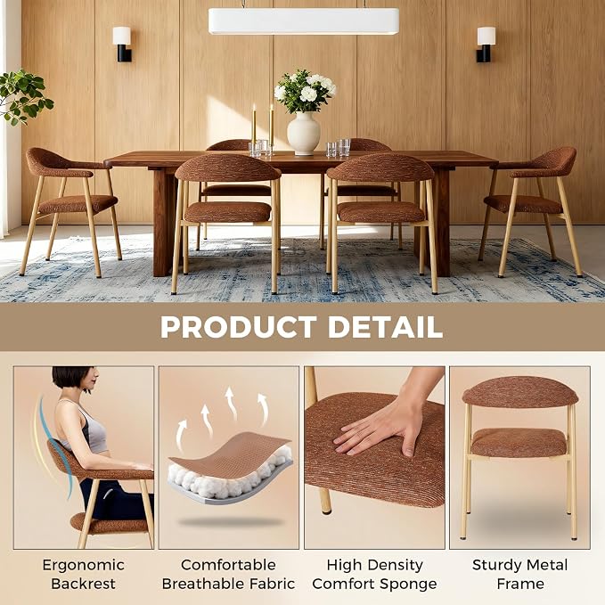 DUMOS Dining Chairs Set of 2, Linen Fabric Upholstered Kitchen Side Chairs with Curved Backrest & Metal Legs, Modern Farmhouse Accent Chair for Dining Room Kitchen Living Room Cafe, Orange