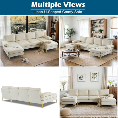 VINGLI 110" Modern Sectional Couch with 51" D Double Chaise, Beige Deep Seat U Shaped Couch with Removable Pillows & Metal Legs, Comfy 4-Seat Sofas for Living Room, Linen Fabric