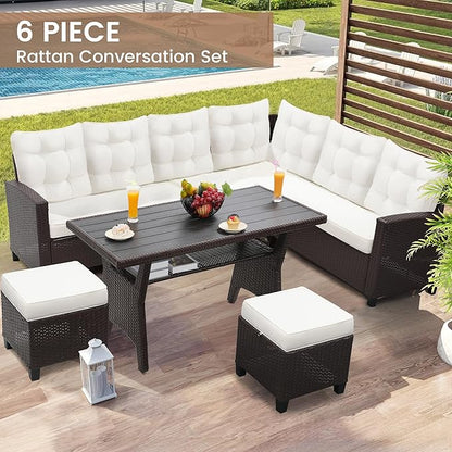 KROFEM 6-Piece Patio Furniture Set, Outdoor Sectional Sofa with Dining Table & Chairs, All-Weather Dining Set with Removable Cushion Covers, Ideal for Garden, Porch, Backyard, White