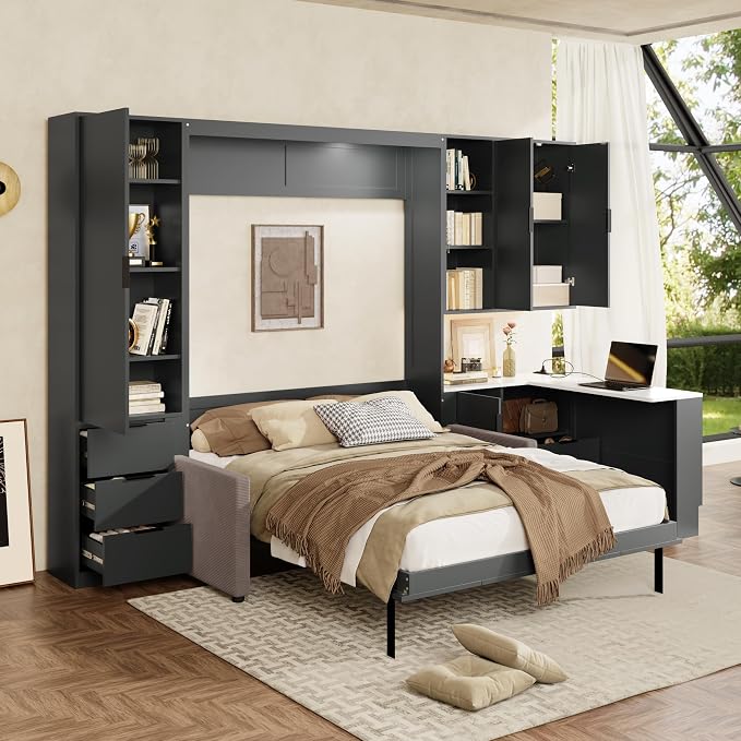 Merax Queen Size Wood Murphy Bed with Upholstered Sofa & Desk, Multifunctional Foldable Wall Platform Bed w/USB Charging Station for Guest-Room, Bedroom, Space Saving, Gray +Beige