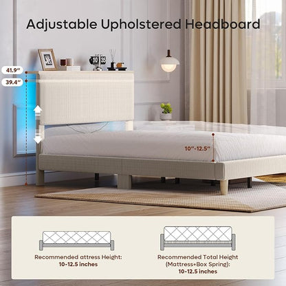 Bestier King Bed Frame with Adjustable Headboard & LEDLighting, Corduroy Upholstered Platform Bed Frame withStorage Shelf, Solid Wood Slats, No Box Spring Needed,Never Squeak, Easy Assembly, Beige