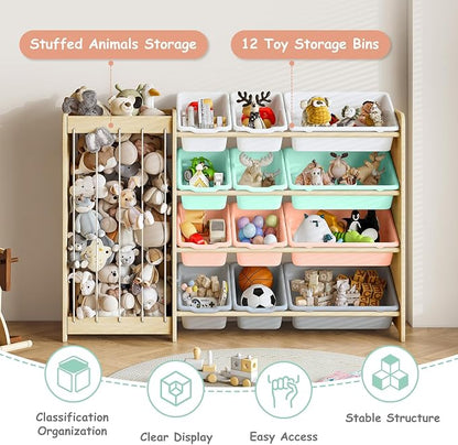 EXPERLAM Kids Toy Storage Organizer, 2-in-1 Stuffed Animal Storage & Toy Organizer w/12 Bins, Solid Wood Toy Rack Featuring Thicker Elastic Ropes to Hold Toys, Playroom Nursery Bedroom Storage, Multi
