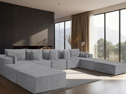 168" Cloud Sectional Couch, Comfort U Shaped Sofa for Living Room, Extra Deep Seats No Assembly, Minimalist Modular Couch, Corduroy (Light Grey, 9 Seats,U-Shape B)