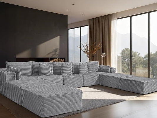 168" Cloud Sectional Couch, Comfort U Shaped Sofa for Living Room, Extra Deep Seats No Assembly, Minimalist Modular Couch, Corduroy (Light Grey, 9 Seats,U-Shape B)