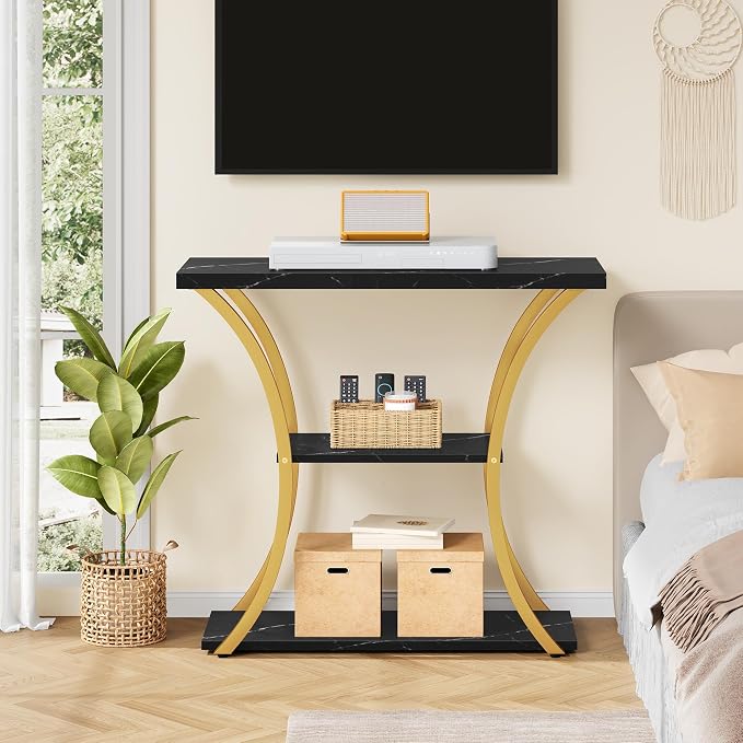 Hoctieon 3 Tier Console Table with Open Wood Shelves, Decorative Entryway Table with Curved Metal Frames, Narrow Sofa Table for Entrance, Living Room, Hallway, Gold and Black Marbled