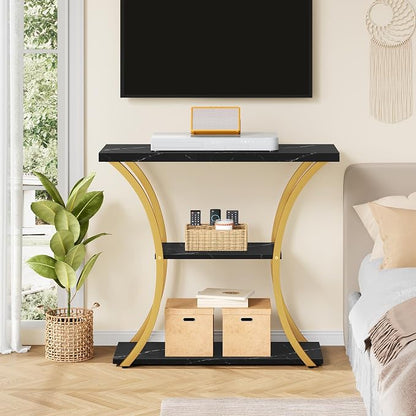 Hoctieon 3 Tier Console Table with Open Wood Shelves, Decorative Entryway Table with Curved Metal Frames, Narrow Sofa Table for Entrance, Living Room, Hallway, Gold and Black Marbled