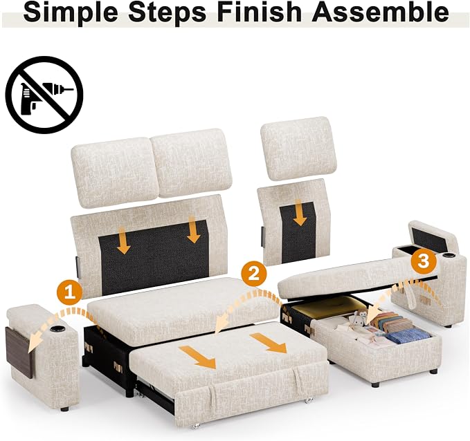 Vipbear Premium 86" Modular Sectional Sleeper Sofa, 3 Seat Chenille Sofa with Pull Out Bed, L Shaped Couch with Storage Chaise & Armrests|USB Ports|Cup Holders|Side Table, White