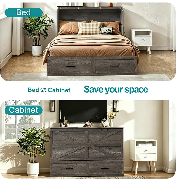 Queen Murphy Bed with Charging Station Large Storage Drawer Farmhouse Wood Space Saving Hidden Foldable Cabinet Bed for Bedroom Office School, Rustic Grey