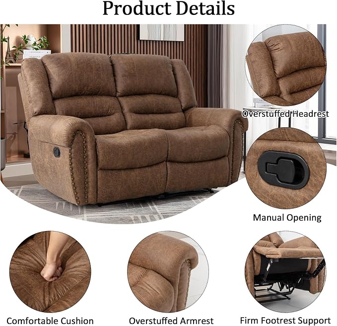 CANMOV Faux Leather Manual Recliner Sofa Set, 2 Recliner Chair and a Loveseat Sofa for Living Room,Bedroom Furniture, Office, Nut Brown