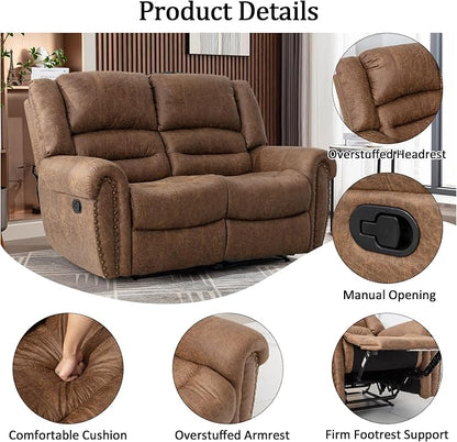 CANMOV Faux Leather Manual Recliner Sofa Set, 2 Recliner Chair and a Loveseat Sofa for Living Room,Bedroom Furniture, Office, Nut Brown
