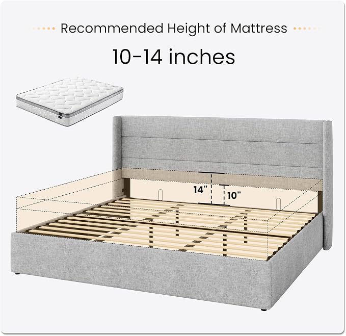 SHA CERLIN King Size Lift Up Storage Bed/Modern Wingback Headboard/Upholstered Platform Bed Frame/Hydraulic Storage/No Box Spring Needed/Wood Slats Support/Light Grey