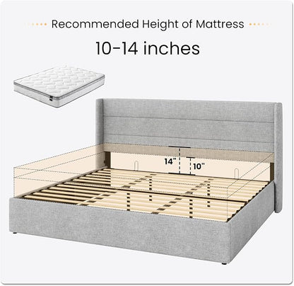 SHA CERLIN King Size Lift Up Storage Bed/Modern Wingback Headboard/Upholstered Platform Bed Frame/Hydraulic Storage/No Box Spring Needed/Wood Slats Support/Light Grey