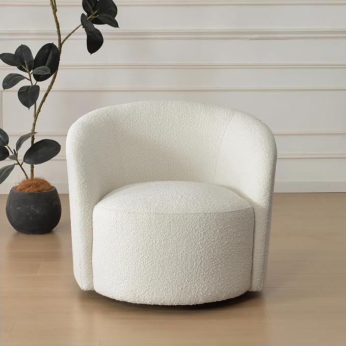 KINWELL 34" W Mid Century Modern Swivel Barrel Chair, Round Upholstered Boucle Swivel Accent Chairs, No Assembly Sofa Chair for Living Room Bedroom Reading Apartment Lounge Nursery(Cream)