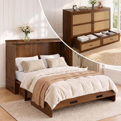 CECER Queen Murphy Bed with Mattress for Guest/Small Space-Black Walnut | Built-in Multi-Port Charging Station ＆ Large Storage Drawer，Space Saving ＆ Easy Assemble and Conversion