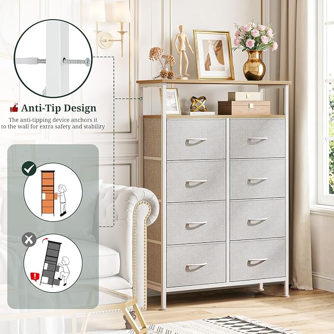 8 Drawers Dresser with Open Shelf, 46" Tall Storage Organizer Chest of Drawer with Wooden Top, Sturdy Metal Frame for Bedroom, Hallway, Living Room, Light Gray