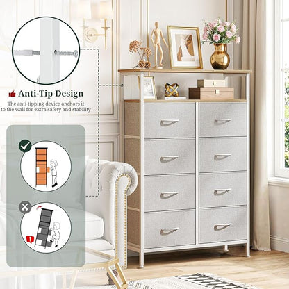 8 Drawers Dresser with Open Shelf, 46" Tall Storage Organizer Chest of Drawer with Wooden Top, Sturdy Metal Frame for Bedroom, Hallway, Living Room, Light Gray