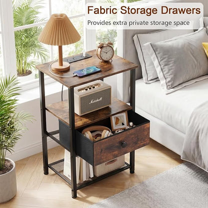 LOAKEKEL Nightstands Set of 2 with Charging Station, Night Stand with Fabric Drawer, End Tables Living Room with Storage Shelf for Small Spaces, Bed Side Tables for Bedroom, Rustic Brown HETS010PBR