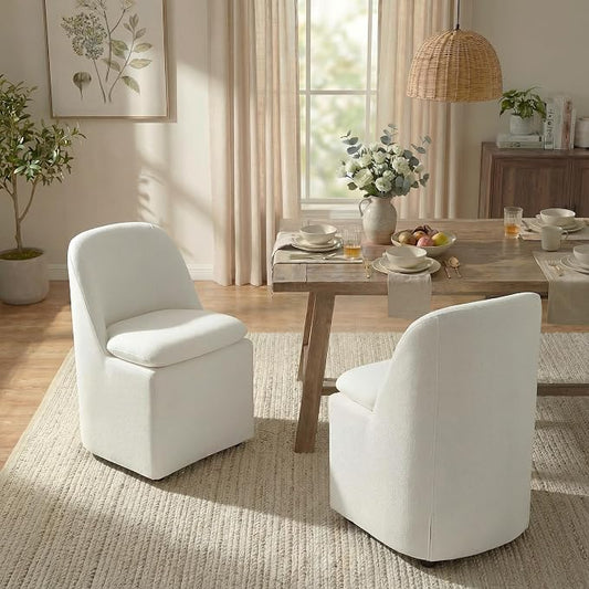 KISLOT Upholstered Dining Chairs with Casters, Washable Cover Modern Dining Room Chairs with Thick Cushion & Sturdy Metal Frame for Kitchen, Living Room, Dressing Room, Beige Fabric, Set of 2