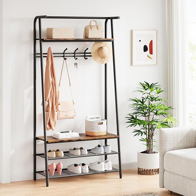 Jojoka Coat Rack Hall Tree with Shoe Storage Bench, 4-in-1 Entryway Organizer with 10 Hooks & 3-Tier Shoe Rack, Sturdy Metal Frame Freestanding Storage Unit for Hallway (Brown-Single Row, 31.5in)
