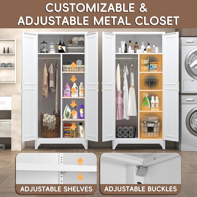 SteeLoong Metal Wardrobe Closet,71" H Wardrobe Cabinet with 2 Doors,White Clothing Storage Cabinets with Hanging Rod and 3 Adjustable Shelves,Armoire Wardrobe Closet for Home Office,School,Gym