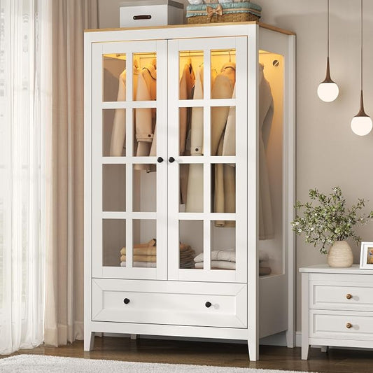 Gyfimoie Armoire Wardrobe Closet with LED Lights, 55'' Modern Clothing Storage Cabinet with Glass Doors and Drawer, Large Wardrobe Cabinet with Hanging Rod for Bedroom