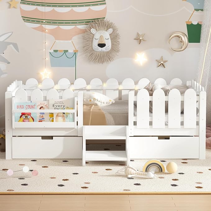 Bellemave Twin Montessori Bed with Stairs, Lights, Rails and Slats, Twin Size Montessori Floor Bed with Bookshelf and 2 Storage Drawers, Easy Assemble Beds Frame for Girls, Boys, White