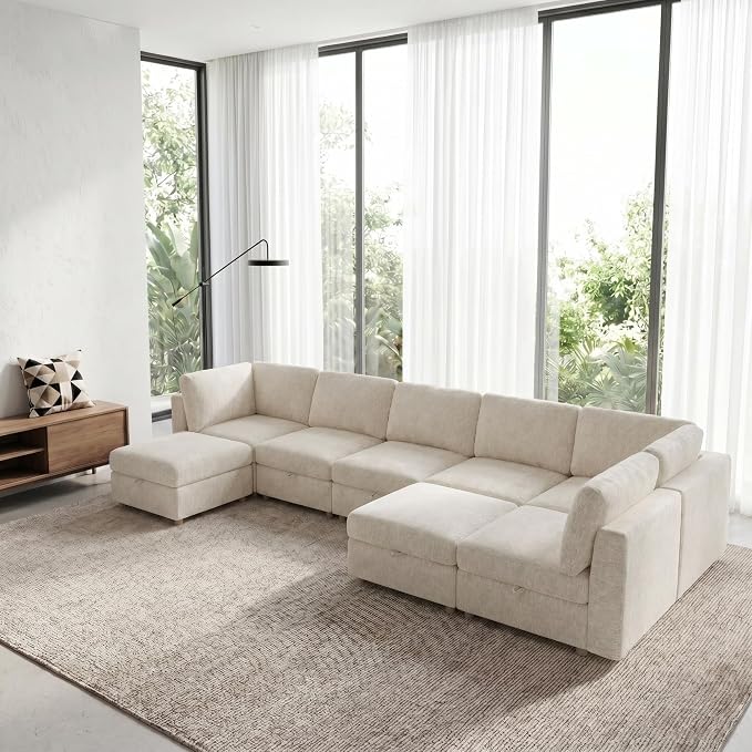 ERYE 132-Inch Oversized U Shaped Sectional Sofa 8 Seat Modular Storage Sofa Couch W/Deep Seat,Skin Friendly Plush Chenille Upholstered Corner Convertible Sectional W/Movable Ottoman