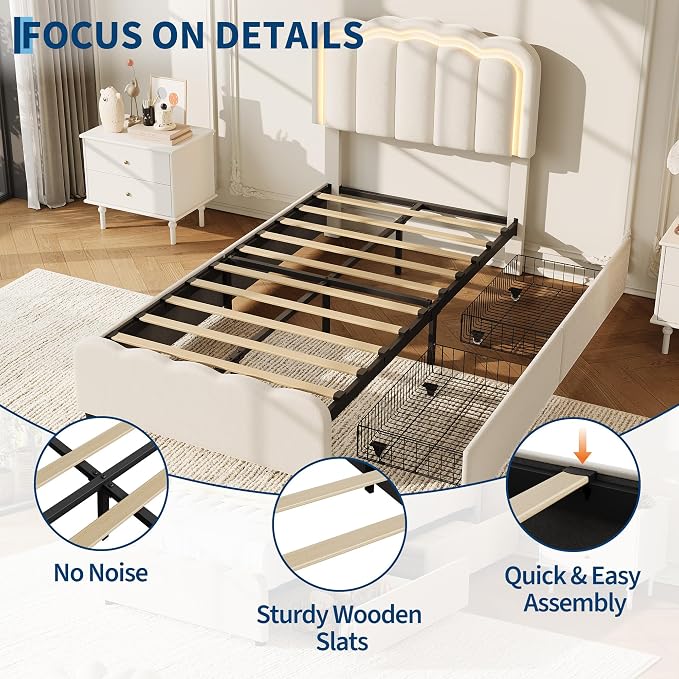 Garvee Twin Size Bed Frame with 2 Storage Drawers and LED Lights, Upholstered Platform Twin Bed with Adjustable Headboard, Wooden Slats Support, No Box Spring Needed, Easy Assembly, White