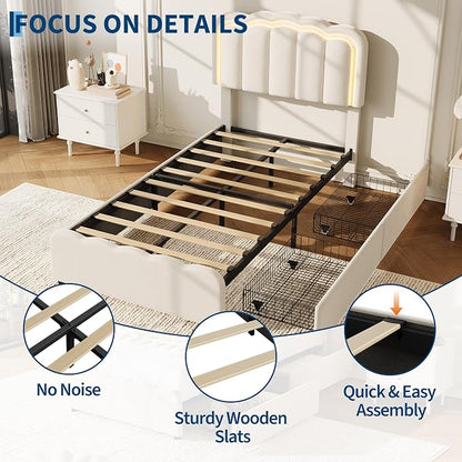 Garvee Twin Size Bed Frame with 2 Storage Drawers and LED Lights, Upholstered Platform Twin Bed with Adjustable Headboard, Wooden Slats Support, No Box Spring Needed, Easy Assembly, White