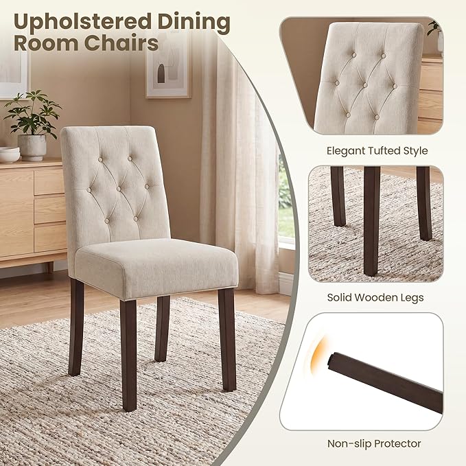 Upholstered Dining Chairs Set of 6, Modern Fabric Dining Chairs with Tufted Design, Kitchen Side Chairs, Farmhouse Dinner Chair with Wood Legs for Kitchen Restaurant Living Room, Beige