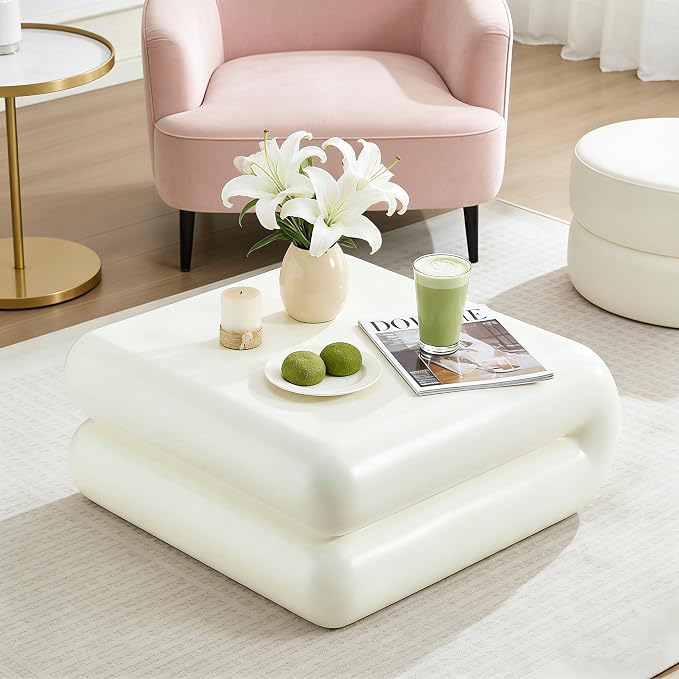 31.5" Modern White Coffee Table, Stone Coffee Table, Square Minimalist Center Table, Contemporary Low Sofa Side Accent End Tea Table for Living Room Bedroom Apartment, No Assembly Required