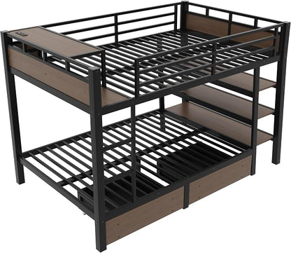 Bellemave Bunk Bed Full Over Full，Metal Bunk beds with Storage Shelves, LED Light Strip, and USB Power Strip, Upper Bed with Desk, Black