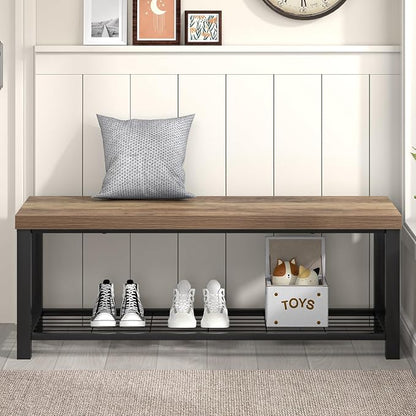 FOLUBAN Entryway Bench, Industrial Wood and Metal Storage Bench with Metal Shelf, Indoor Shoe Rack Bench Seat for Living Room, Bedroom, Hallway, Entrance, Rustic Oak, 47 Inch