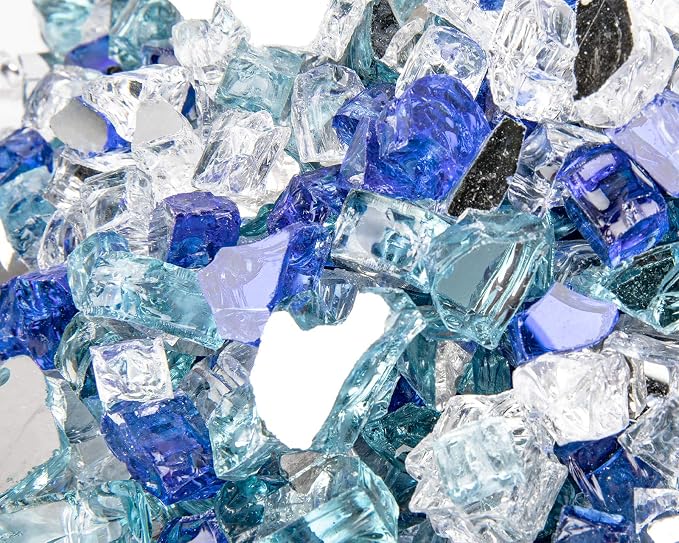 GASPRO 10 lbs Fire Glass for Propane Fire Pit, 1/2-Inch Reflective Fireplace Glass Rocks for Fire Pit Table, Blend of Cobalt Blue, Caribbean Blue and Platinum
